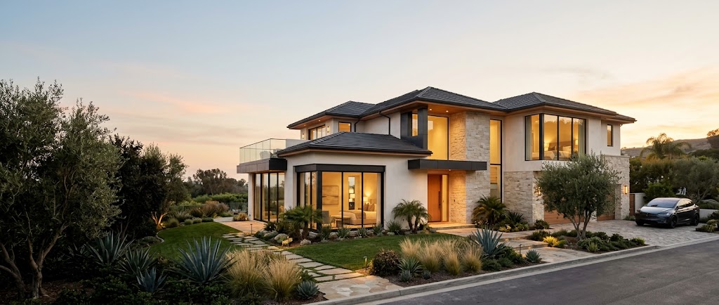 Luxury Orange County home at dusk
